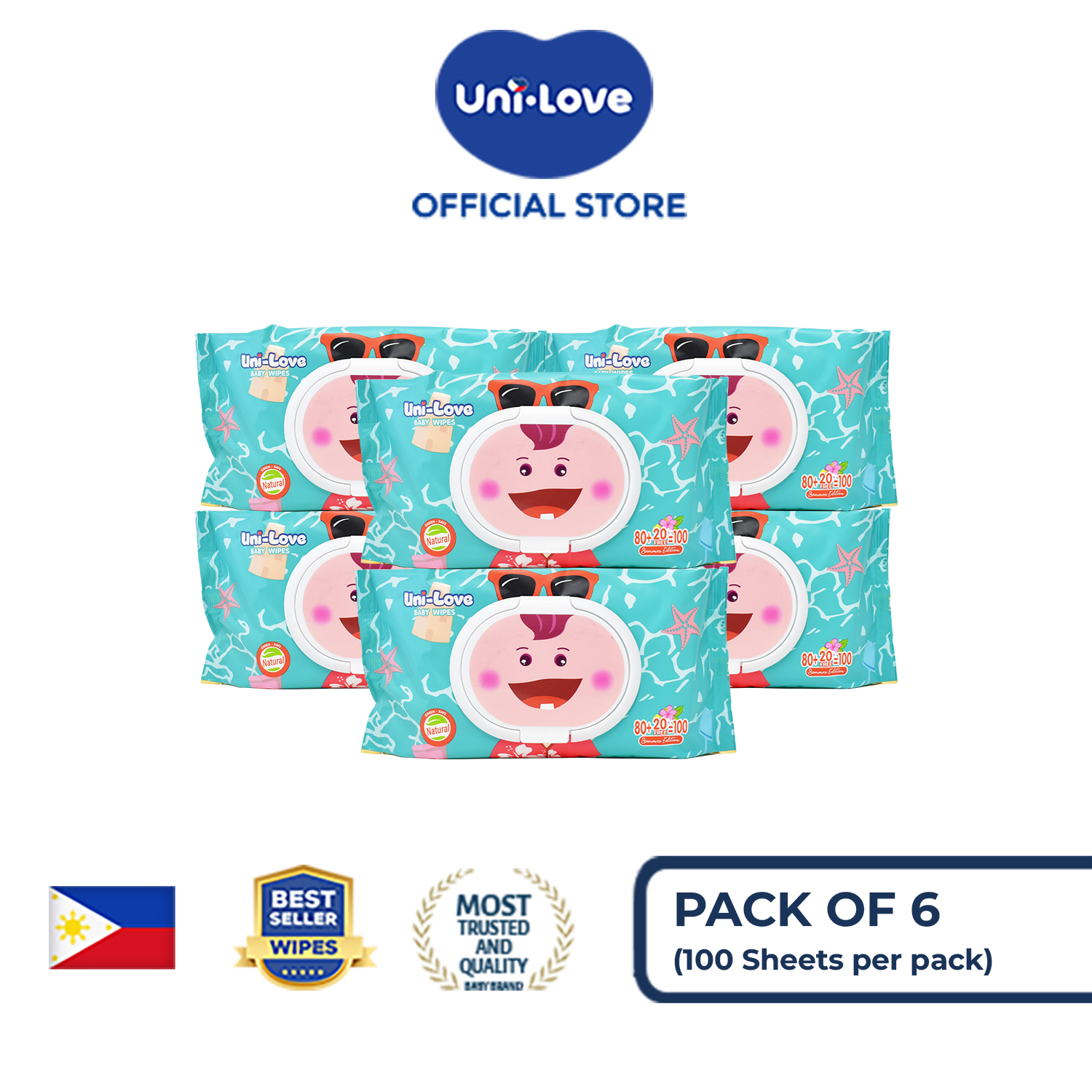 UniLove Baby Wipes Summer Edition (Boy) 100s Pack of 6 - 99% Water| Hypoallergenic | Alcohol Free | No harmful chemicals | with Aloe Vera | Safe & Gentle | FDA Approved
