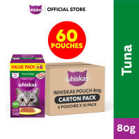 WHISKAS Wet Cat Food for Adult Cat Value Pack Tuna Flavor 80g (60 Pouches)