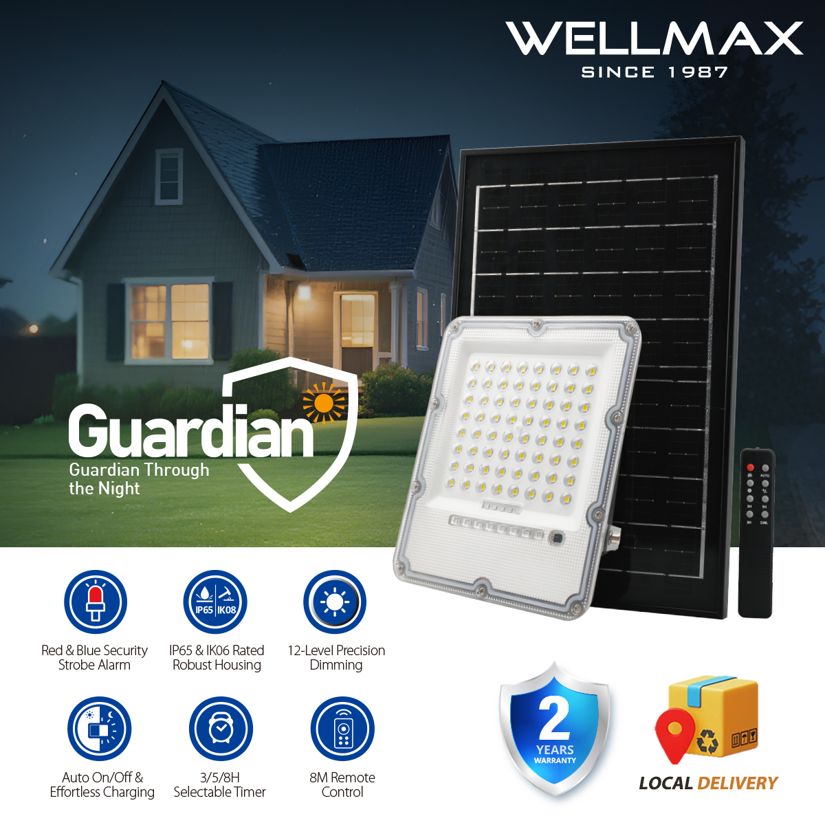 WELLMAX Solar Light Outdoor Waterproof Flood Light With Solar Panel & Remote 6500K Daylight Guardian Series Floodlight
