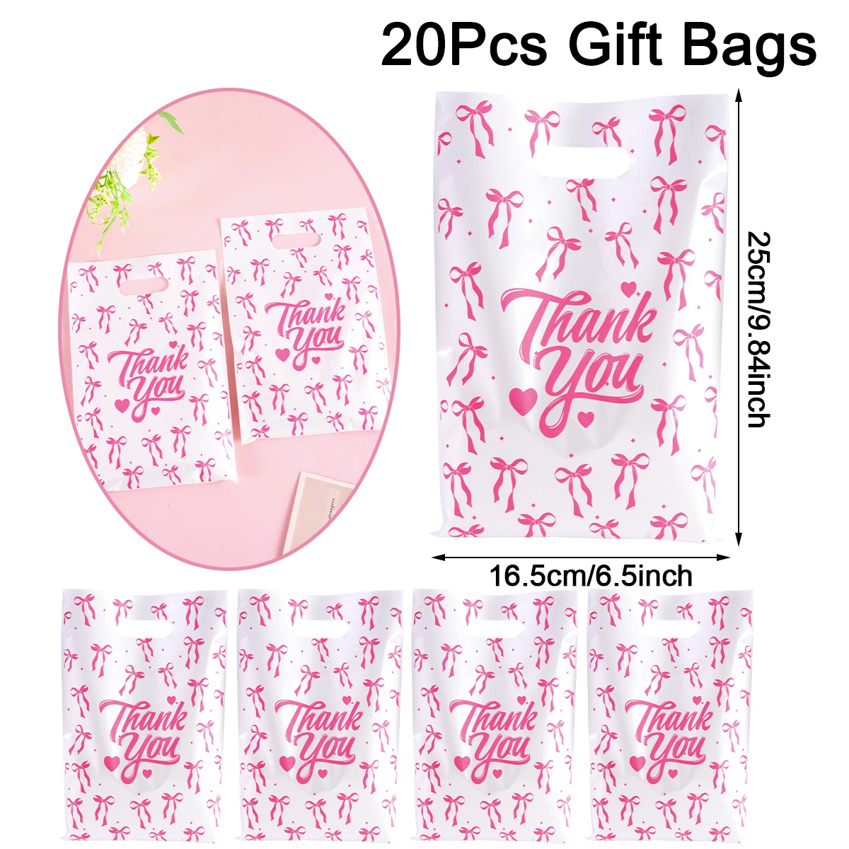 10/20/50pcs Thank You Theme Gift Bags Pink Bow Plastic Reusable Hand Bags Kids Adults Thanksgiving Day Party Decorations