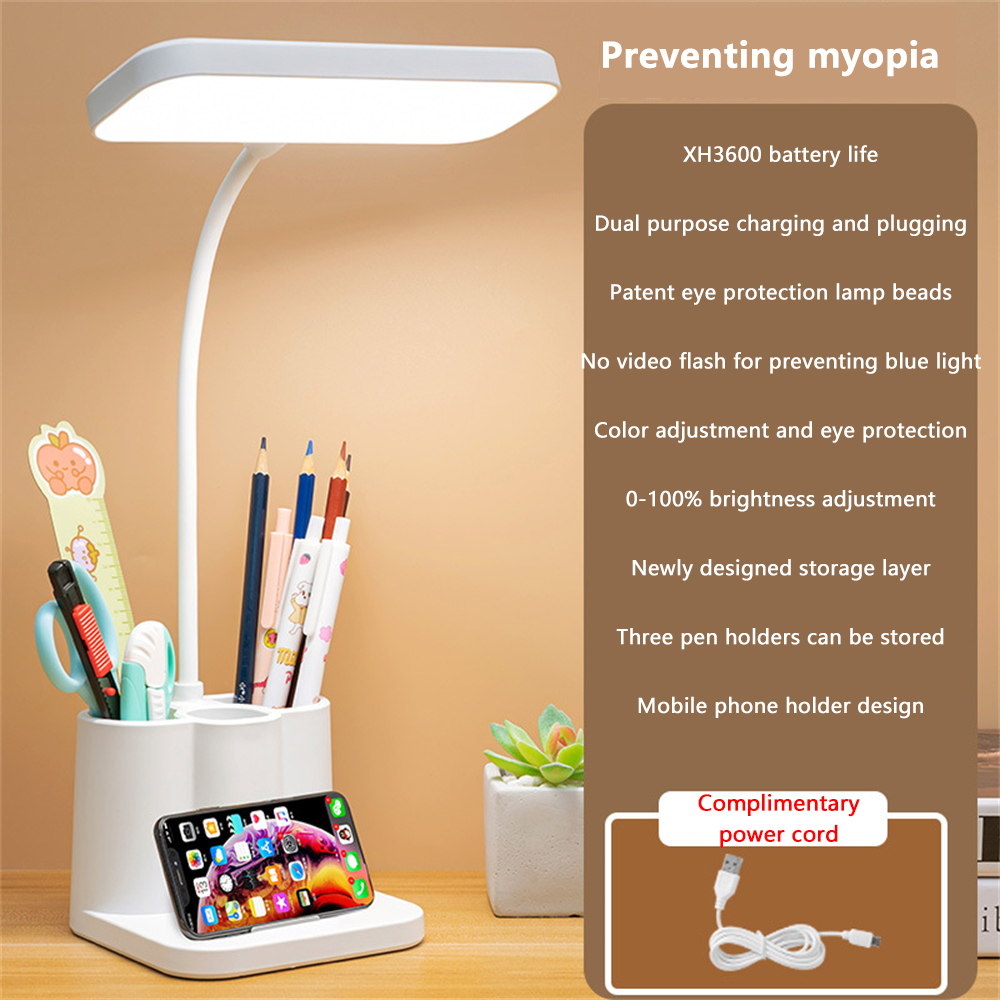 HGH Bendable Desk Lamp With Pen Holder USB Rechargeable Study Lamp Shade Reading Night Lamp Multifunctional Eye Care Learning Table Light For Student Dormitory Bedroom