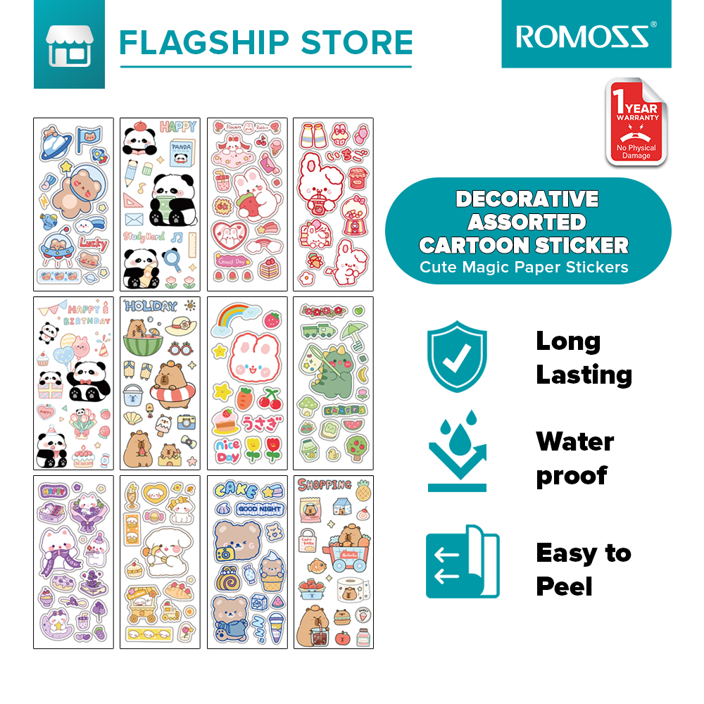 Romoss Decorative Assorted Cartoon Stickers for Power Bank Wall Charger Laptop Tablet Aquaflask and so on Decoration (Random 1PC Sticker) Long Lasting Waterproof Aesthetic Cute Cartoon Design Magic Paper Stickers