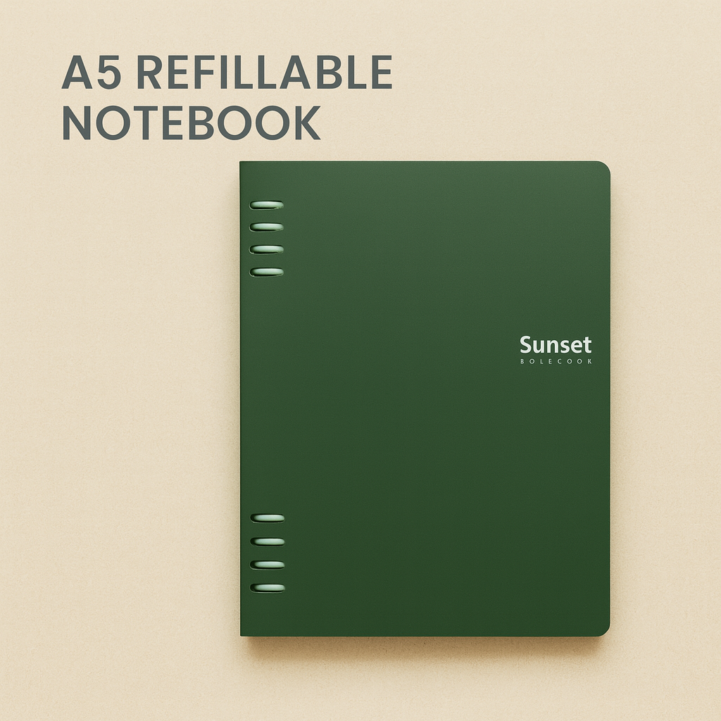 A5 Refillable Ring Binder Notebook – Minimalist Green Journal for Work Study & Writing | Includes Mental Reset QR Prompt