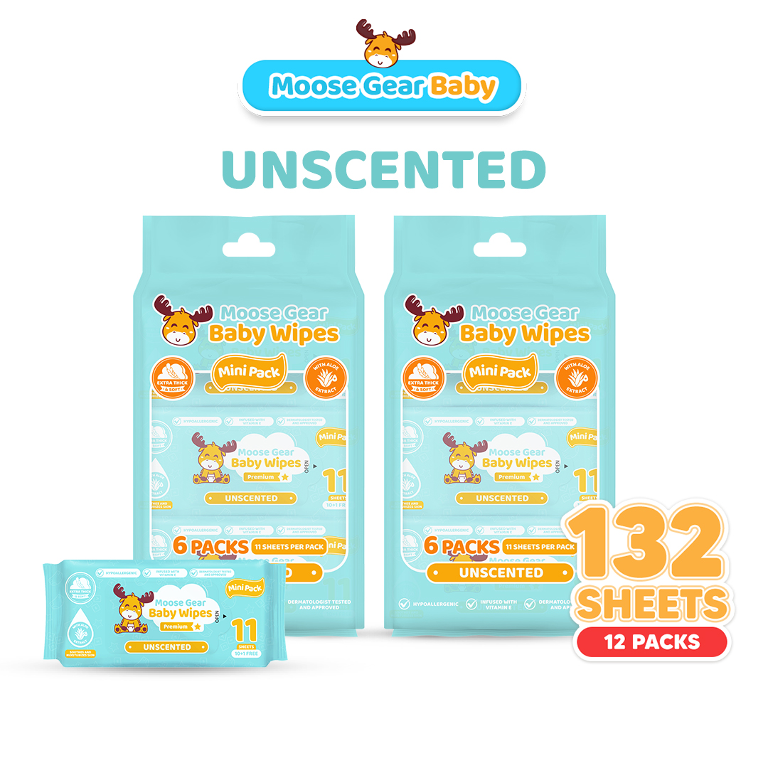 Moose Gear Baby Mini Wipes Premium Unscented 12 PACKS (11s per pack) Extract Thick & Soft