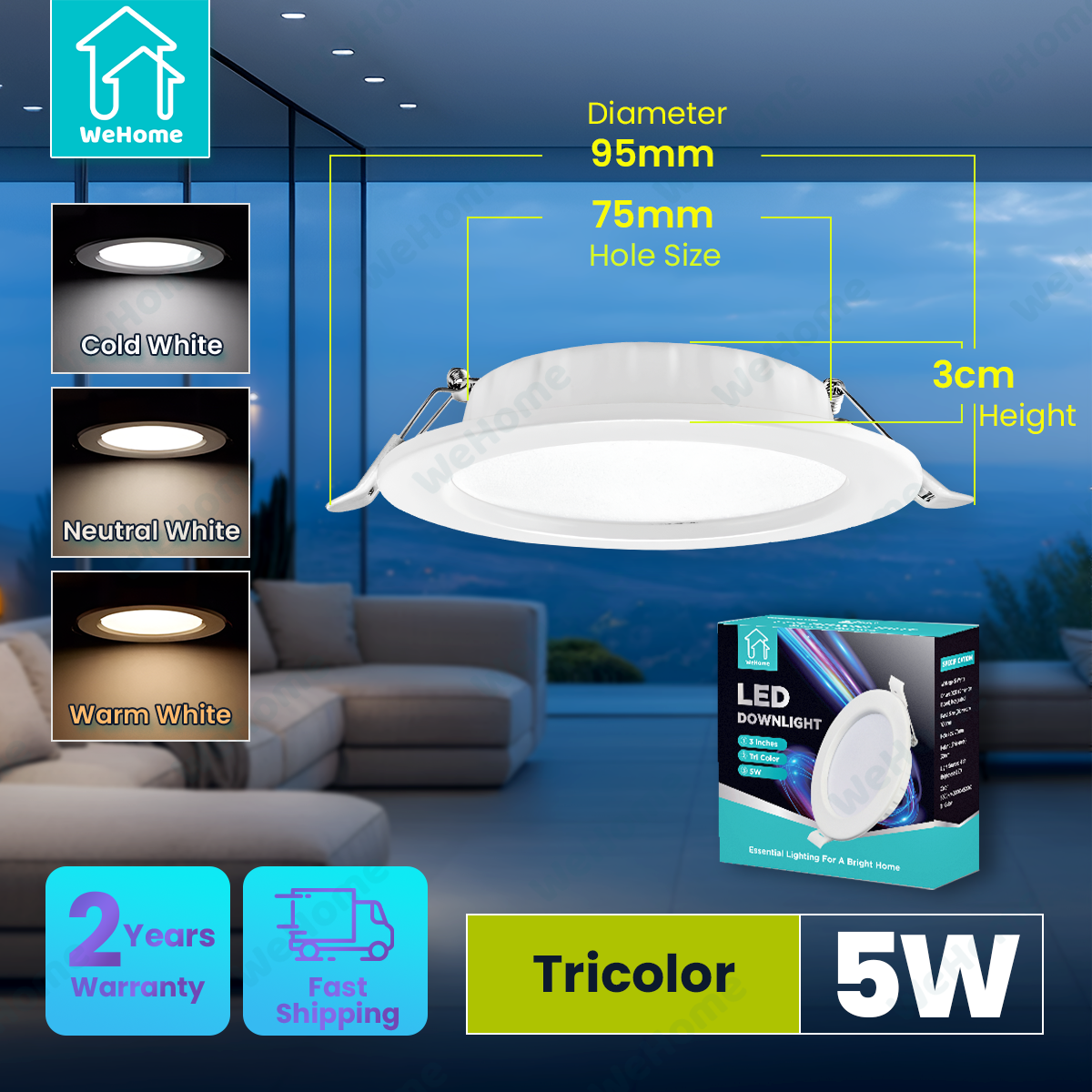 WeHome Ultra Thin LED Ceiling Light Pin Light Panel Lights 3 Colors 3500K/4000K/6500K Selectable 5W 9W 12W LED Recessed Downlight for Living room Bedroom Bathroom Office