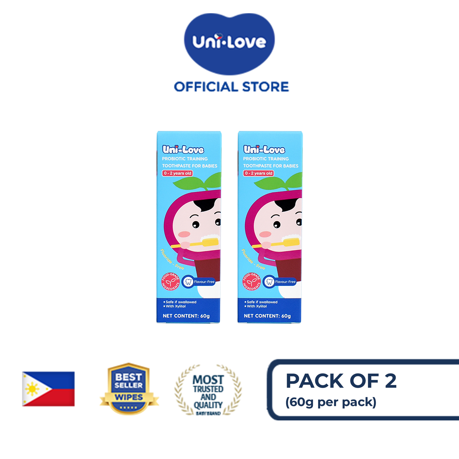 UniLove Probiotic Training Toothpaste - Flavour-Free (0-2 Years Old) 60g Pack of 2