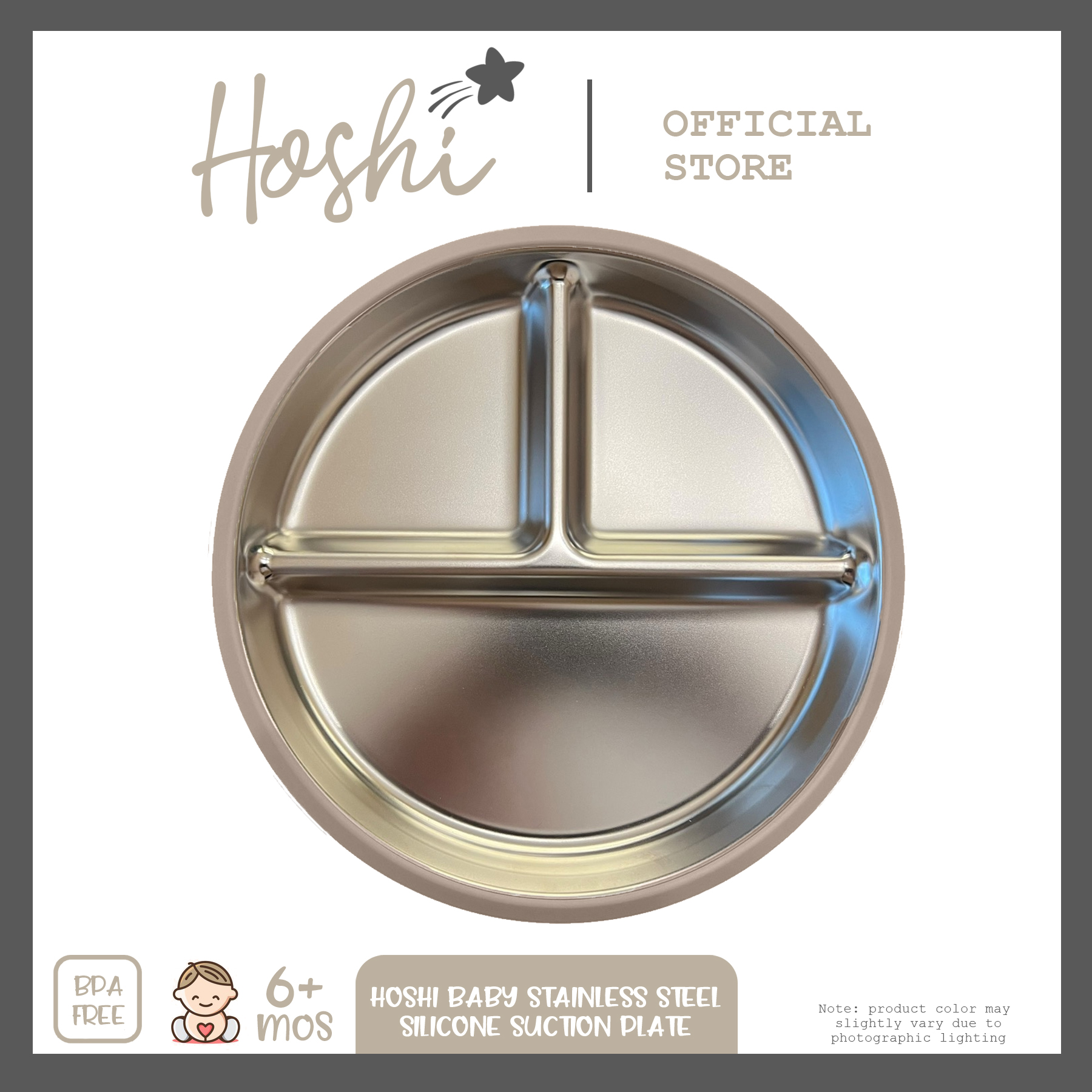 Hoshi Baby Stainless Steel Plate with 100% Food Grade Silicone Suction Base Infant BPA Free 6Mos+