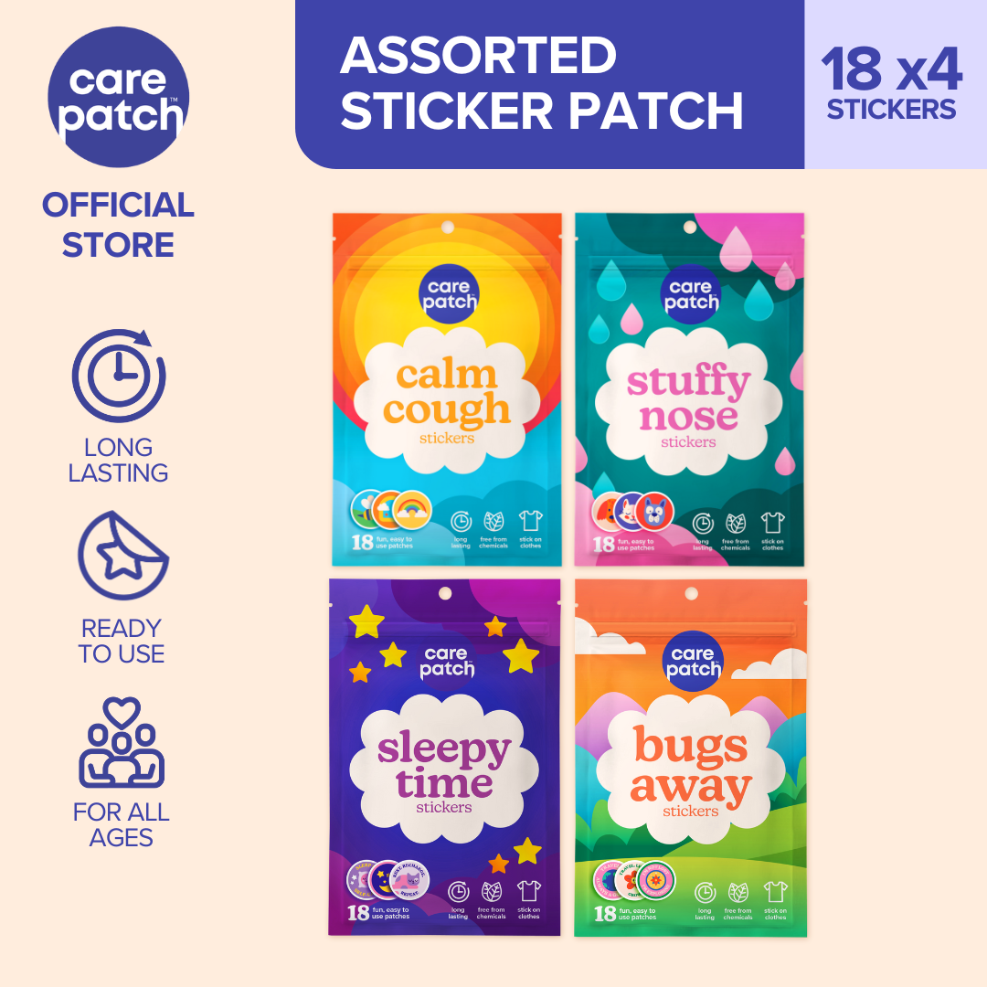 Carepatch Assorted Sticker Patch Set of 4 - Calm Cough Stuffy Nose Bugs Away Mosquito Repellent Sleepy Time for Kids and Adults - 18 x4 Stickers