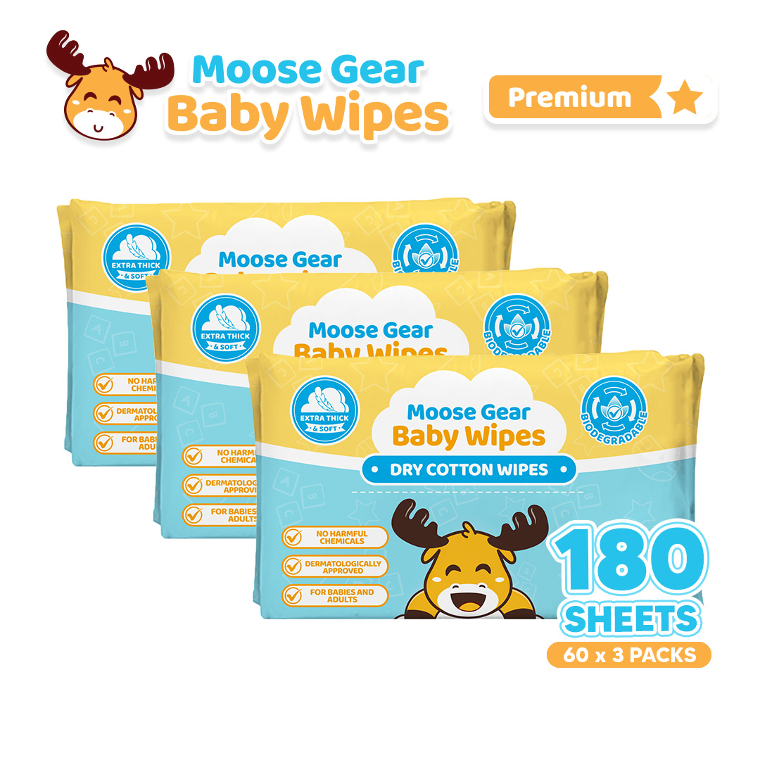 Moose Gear Baby Dry Wipes Premium 180sheets 3PACKS Thick & Soft Cotton