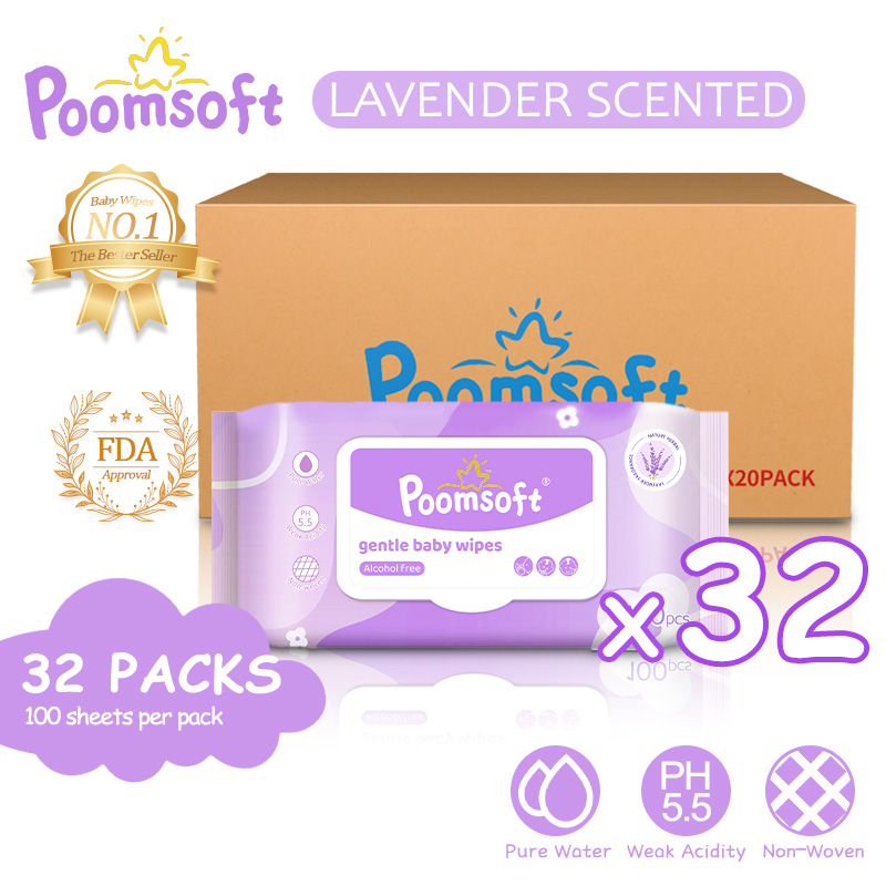 Poomsoft 100 Sheet Safe For Baby Wipes Lavender Scent Gentle Alcohol-Free Wet Wipes Disposable Cotton Wipes 14x18cm