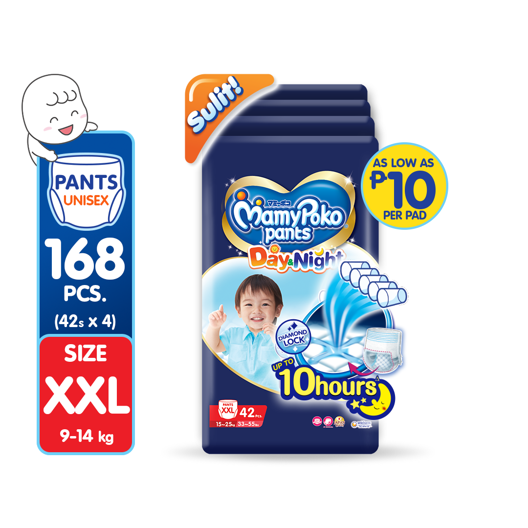 MAMYPOKO Day and Night Baby Disposable Diaper Pants Unisex XXL 42 pcs x 4 packs (168 pcs)