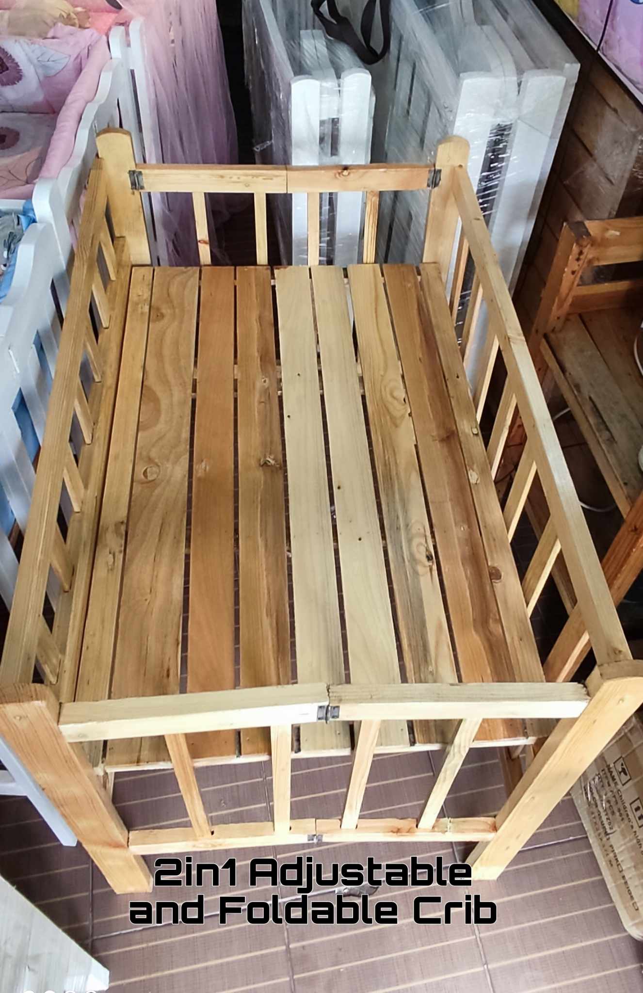Wooden Crib Adjustable and Foldable 22x36 inches KUNA - Natural Finish - Slatted Design - Nursery Furniture - Baby Furniture - Cribs & Cots