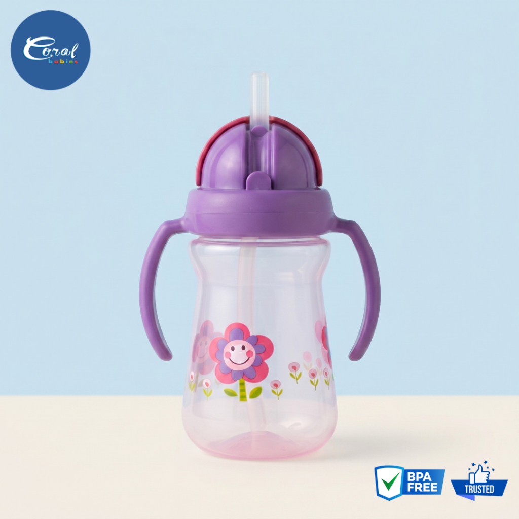 Coral Babies 4oz Silicone Straw Training Cup With Easy Grip Handles Spill & Leak-Proof