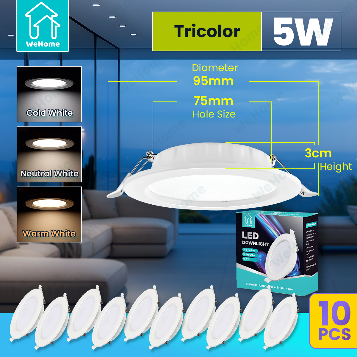 WeHome 10 Pack Ultra Thin LED Ceiling Light Pin Light Panel Lights 3 Colors 3500K/4000K/6500K Selectable 5W 9W LED Recessed Downlight for Living Room Bedroom Bathroom Office