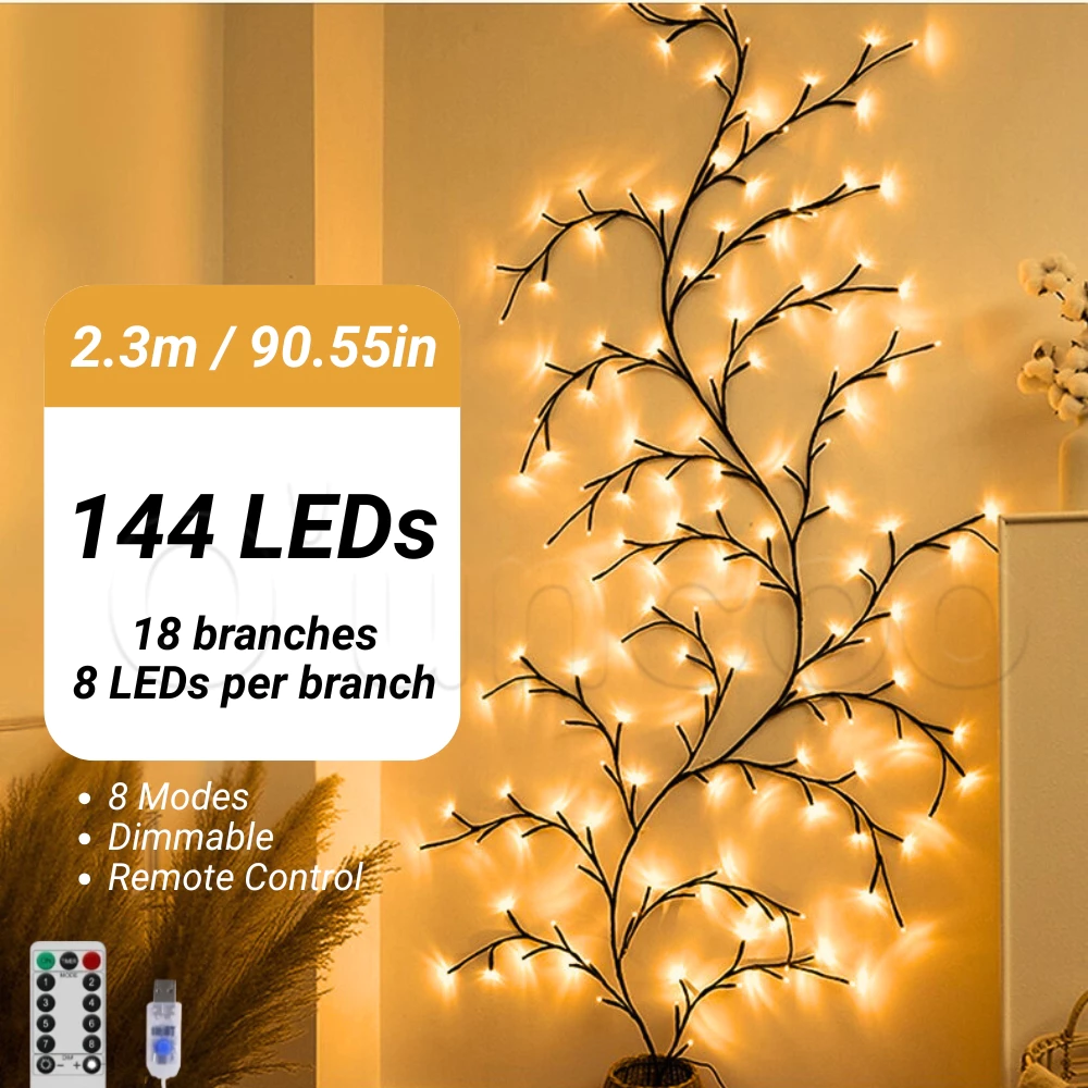 Ouncoo Branch Vine Decorative Light USB Powered Fairy Light 8 Modes Wall Table Decor Lamp Room DIY