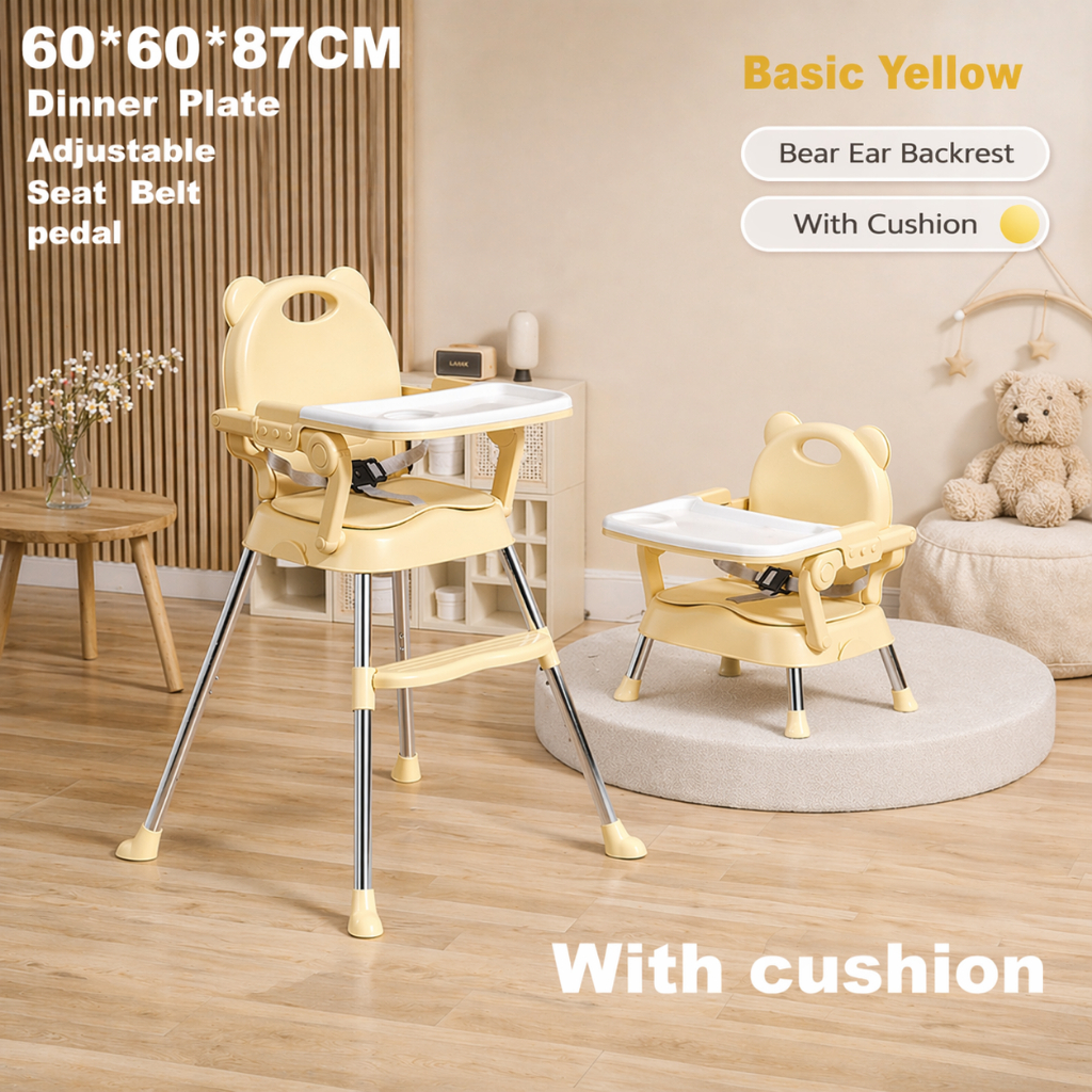 PlayPark High Chair for Baby Feeding Adjustable Height baby chair with Removable Legs Belt 4 Wheels