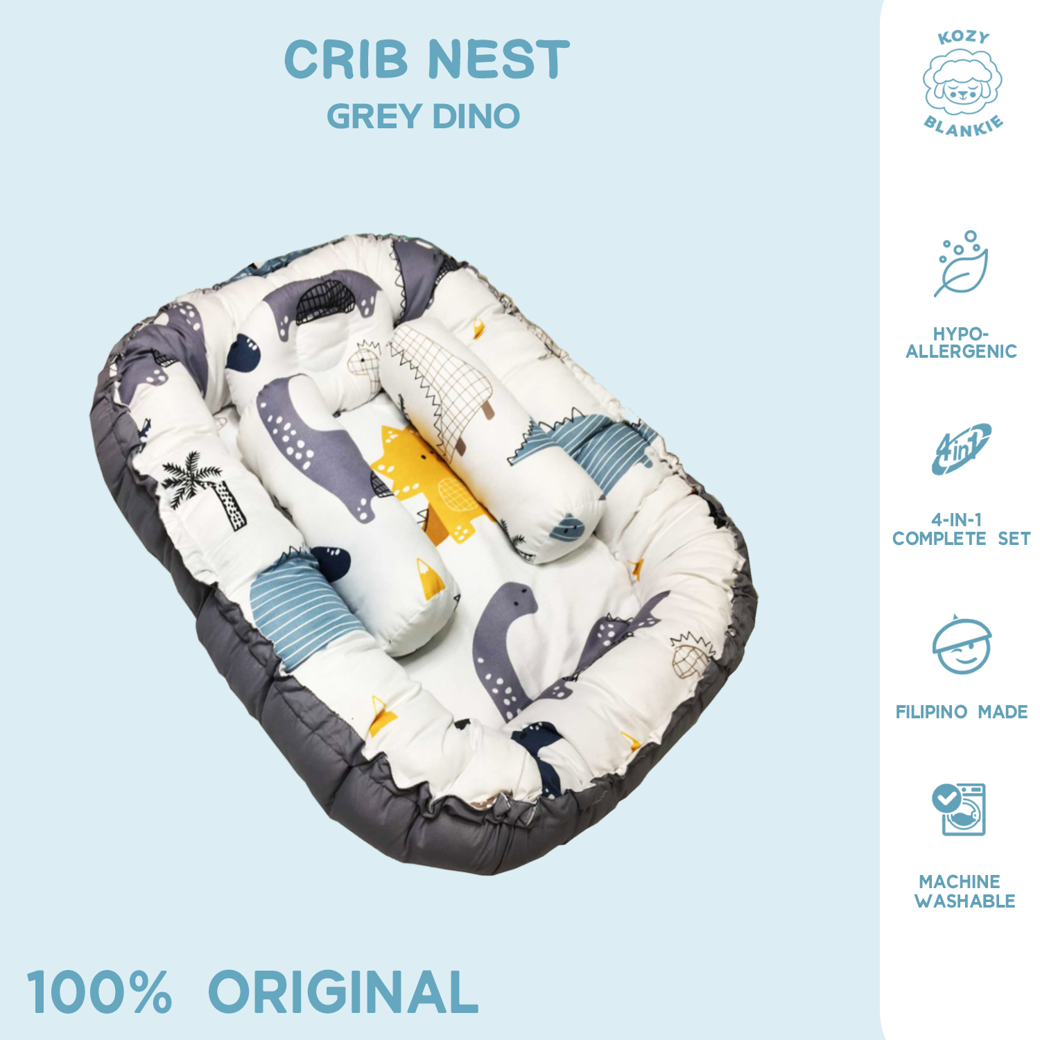 Kozy Blankie Baby Bed Crib Nest - Grey Dino / White Dinosaur