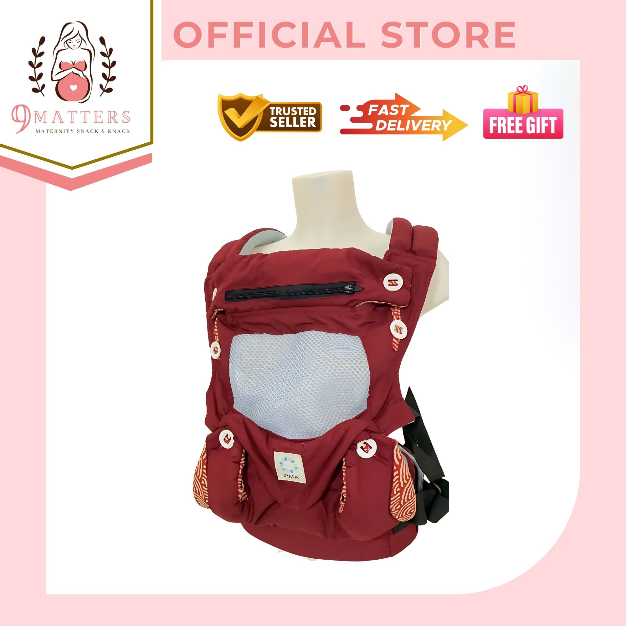 Zima MESH Akane Crimson Red Ergonomic Baby Carrier with Lock/Unlock Buckle Feature Suitable for Newborns - Toddlers (up to 20 kg) I Safety-tested 45inch Waistline 100% Cotton