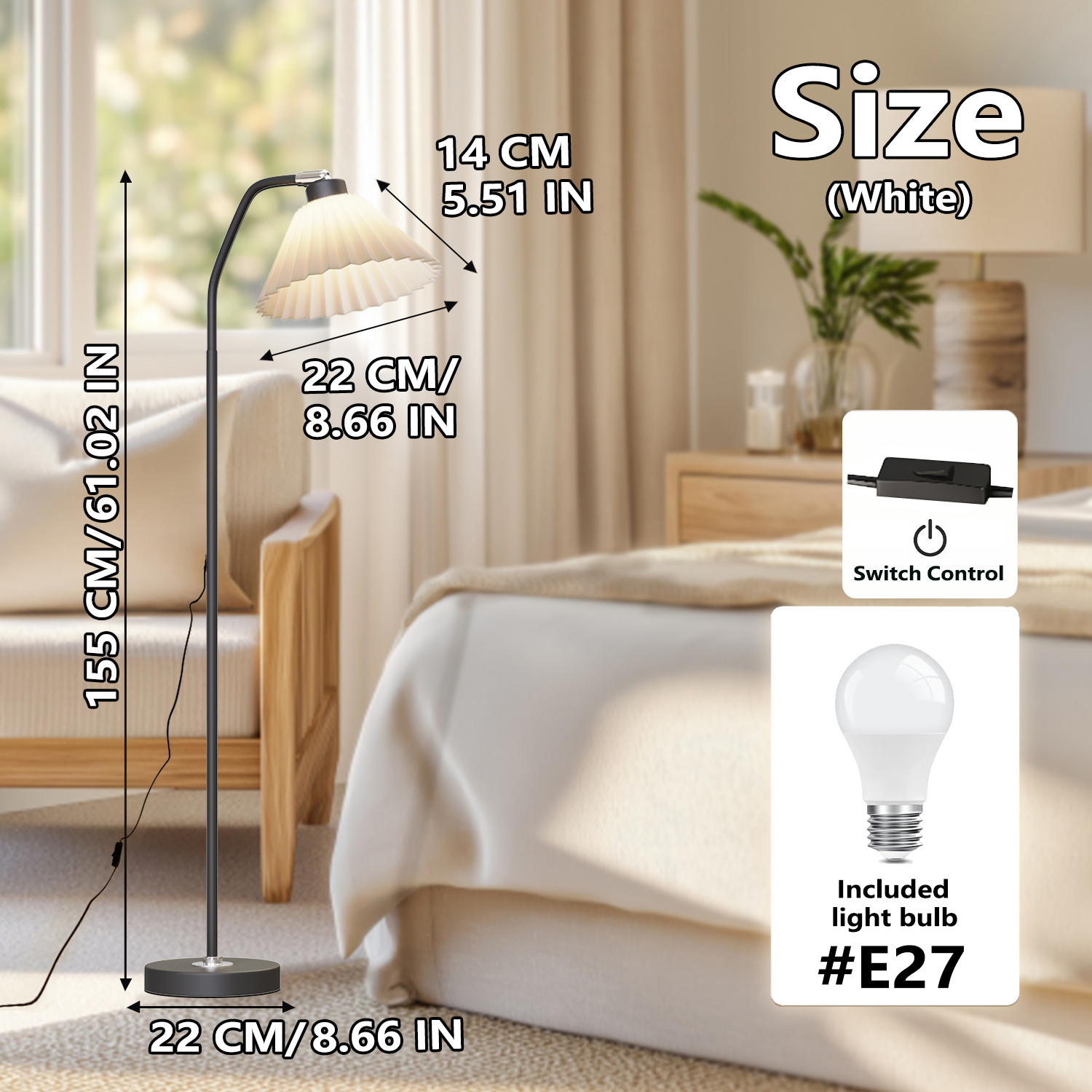 NEENCE Double Floor Lamp Standing with Reading Light 7W LED Edison 2 Bulbs Included Nordic Style Standing Lamp with Double head Shade Tall Floor Light Reading for Living Room Bedroom Office Classroom Dorm Room
