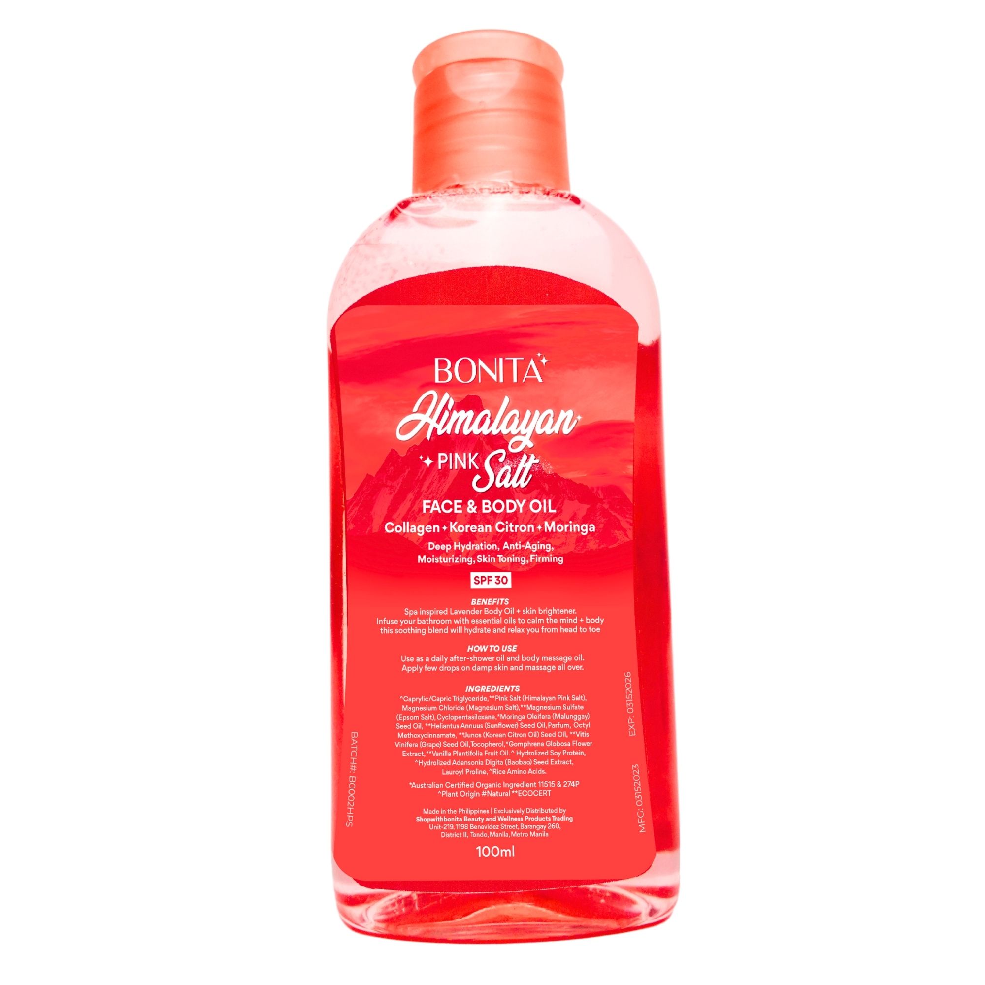 Bonita Himalayan Pink Salt Face and Body Oil with SPF 30 Korean Citron Collagen Moringa | Organic