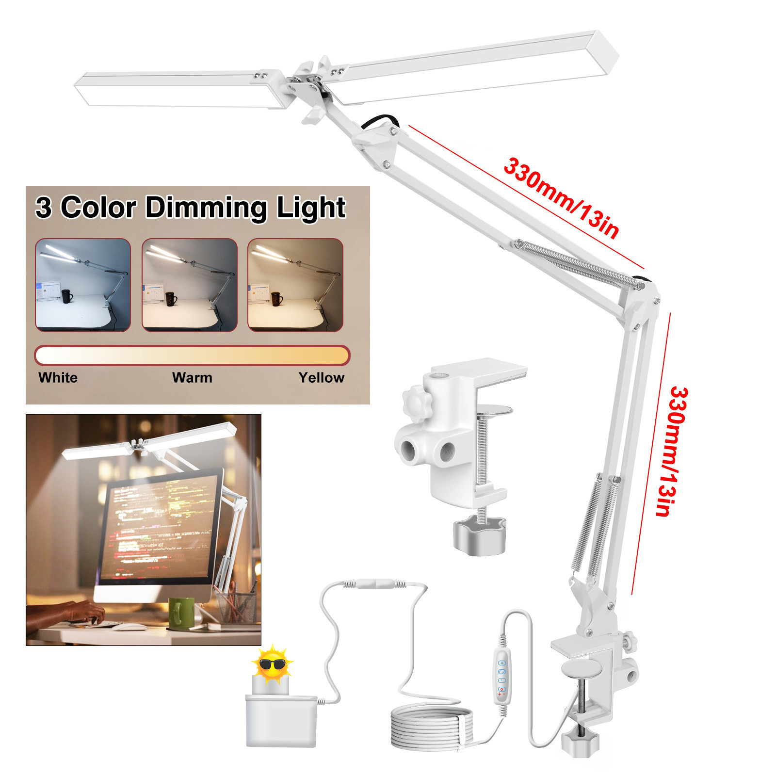Desktop Long Arm LED Desk Lamp Double Head Arm Lamp Adjustable 3 Lighting Modes 360° Rotation with Clip Eye Protection Reading Office Table Lamp