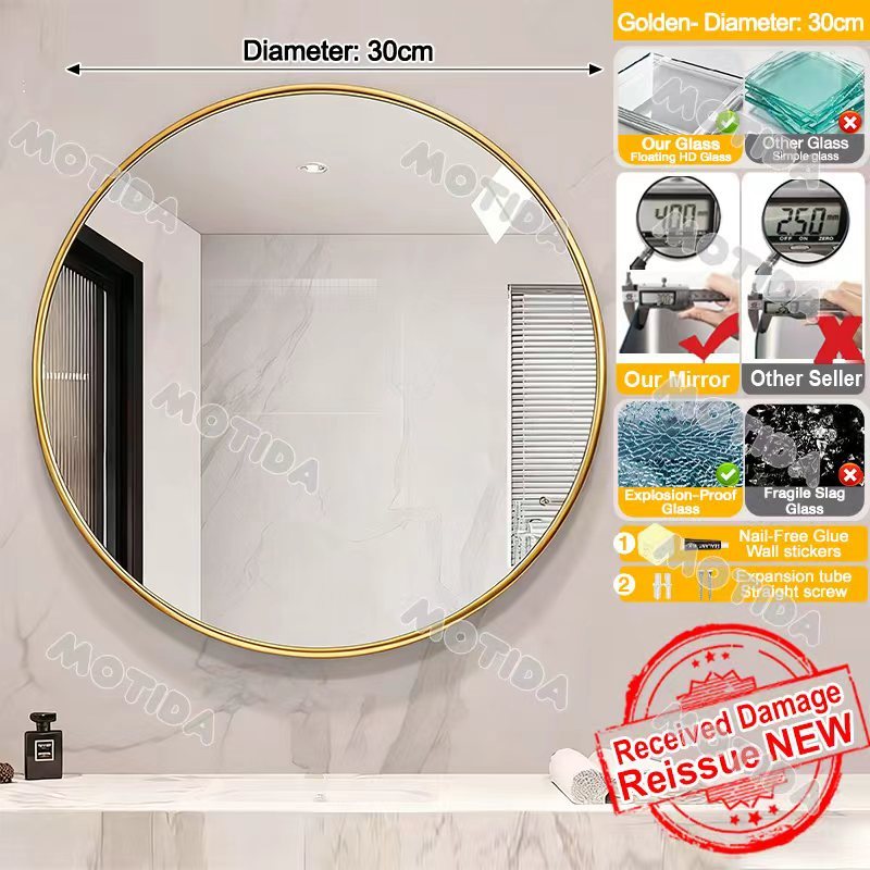 【24 Hours Shipped】Round glass mirror Bathroom wall mirror HD wall mirror Vanity mirror Metal frame bedroom mirror