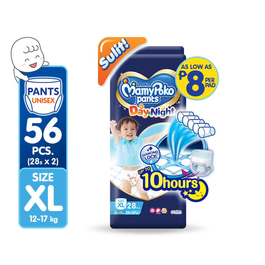 MAMYPOKO Day and Night Baby Disposable Diaper Pants Unisex XL 28 pcs x 2 packs (56 pcs)
