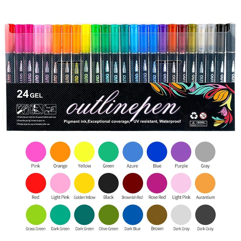 12/24/36 Colors Double Line Outline Pens Contour Pen Self-Outline Metallic Art Marker with Glitters for Drawing Painting Doodling Glitter Pen Set School Art Supplies Childrens Gift
