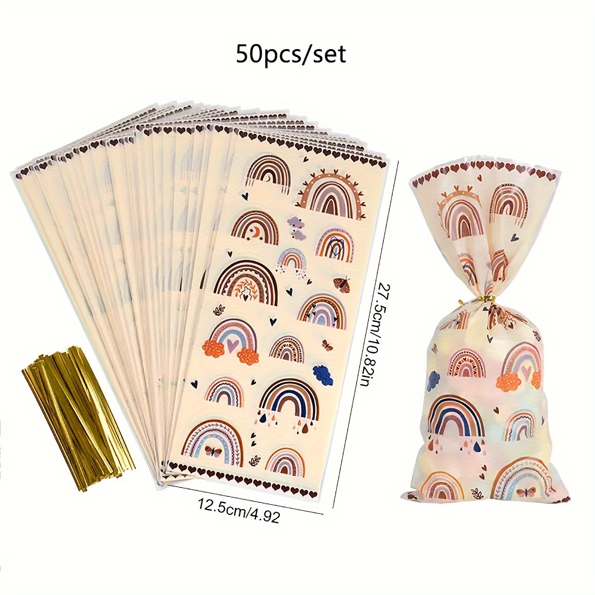 50pcs Rainbow Boho Plastic Candy Bags With Wire Ties Food Packaging Bag Birthday Party Baking Supplies Loot Goodie Bags