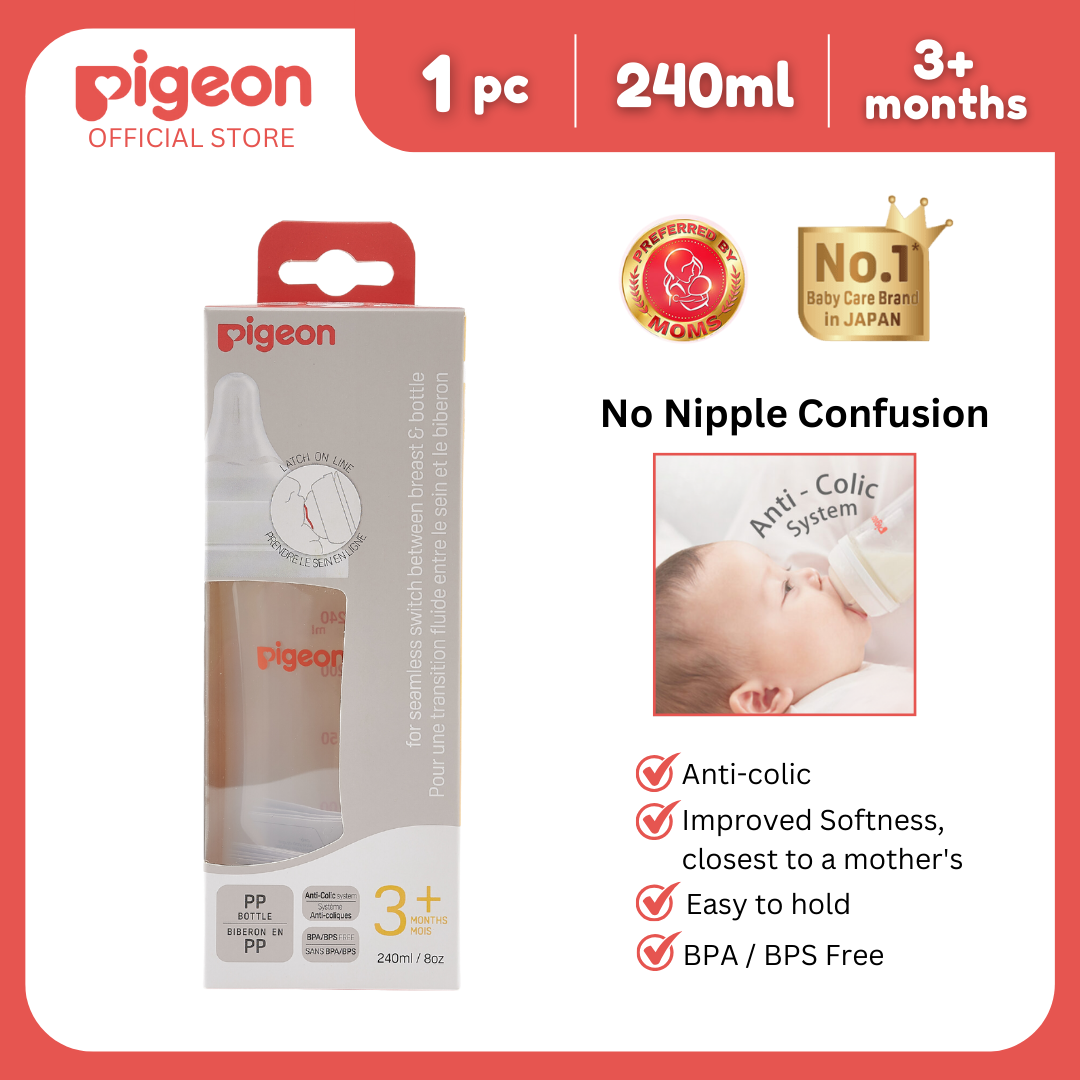 Pigeon Official - New and Improved Wide Neck PP Feeding Bottle 240ml 1pc Medium Flow for 3+ Months Babies Anti Colic No Nipple Confusion AVS System Latch On Line BPA Free Ultra Soft Flexible Nipples Japan No. 1 Brand