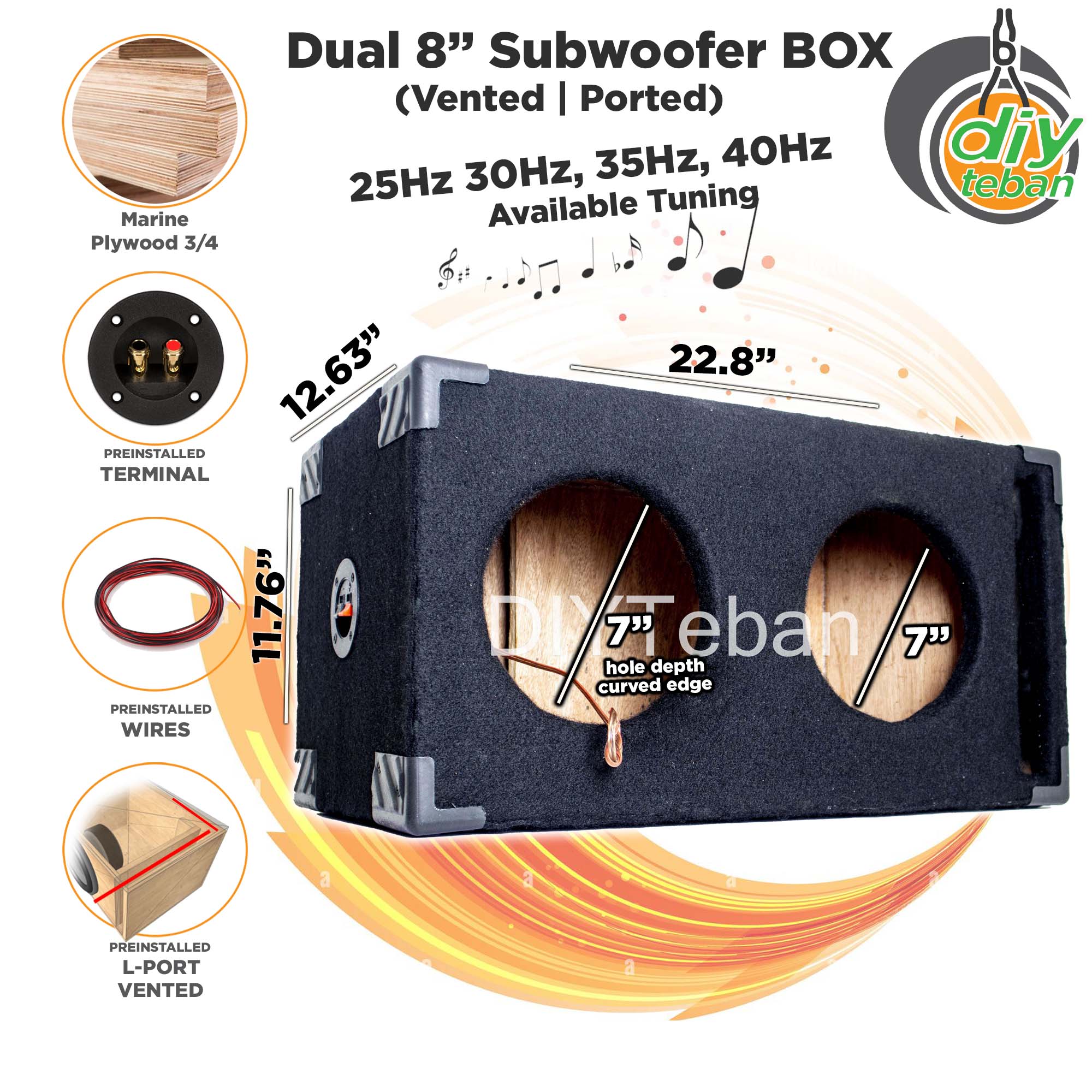 Dual 8 Inch Subwoofer Box L Ported 25hz, 30hz, 35hz, 40hz Tuning