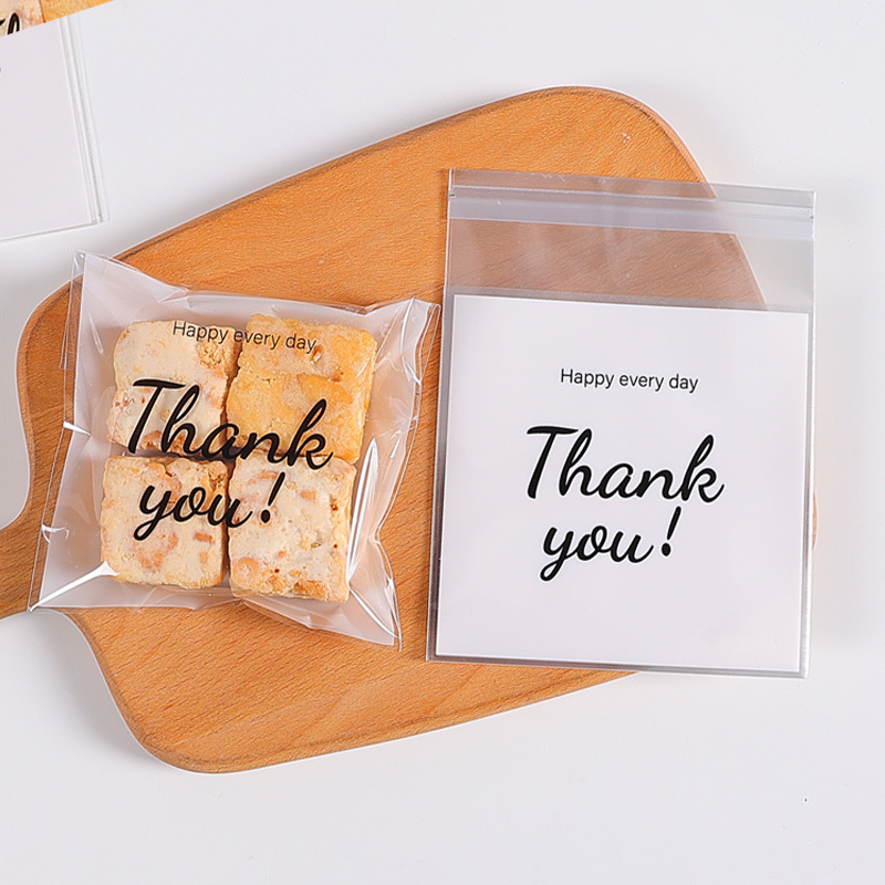 100pcs/set Cookie Packaging Bag Self-Adhesive Resealable Plastic Candy Transparent Wrapper Thank You Cute Cartoon Pattern