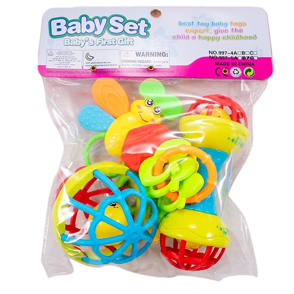 5 in 1 Baby Developmental Silicone Teether Rattles Toys Set Soft and Hard Rattles