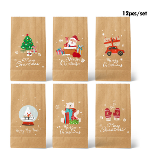 12Pcs Christmas Paper Bags Packaging Candy Gift Wrapping Bag