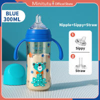 Minitutu PP Colorful Depiction Series  Feeding Bottle 240ML/300ML BPA Free with 360° Gravity ball with Straw and Sippy suitable for 6+Months baby Anti-colic