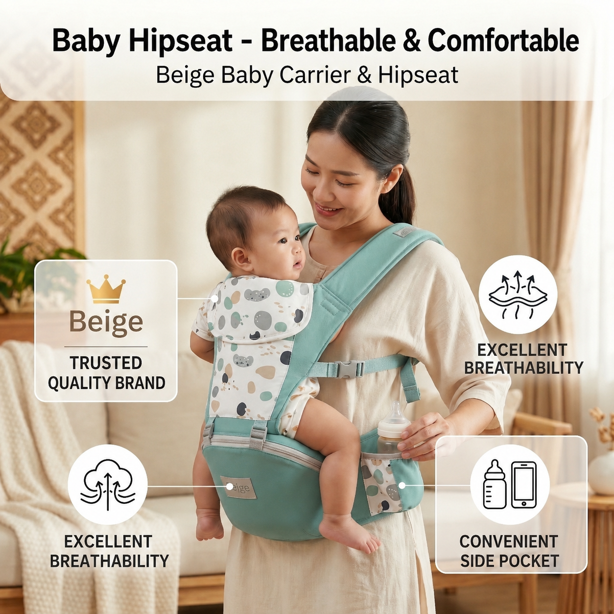 Beige Baby Hip Seat Carrier 0-36 Months Ergonomic Breathable Cotton Adjustable Shoulder Sling Foldable Portable Four Seasons Sun Wind Protection Baby Waist Bench