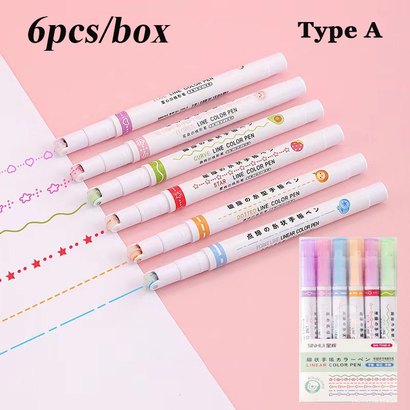 6pcs/box Curve Highlighter Pen Set Colorful Curve Pen Cute Pattern Handbook Highlighter Colorful Curve Outline Pen
