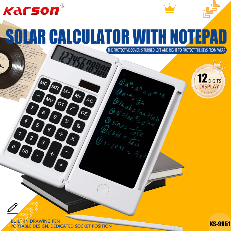KARSON Calculator with LCD Writing Tablet Desktop Calculators 12 Digits Display with Stylus Erase Button Thin and Foldable Design for Daily and Basic Office