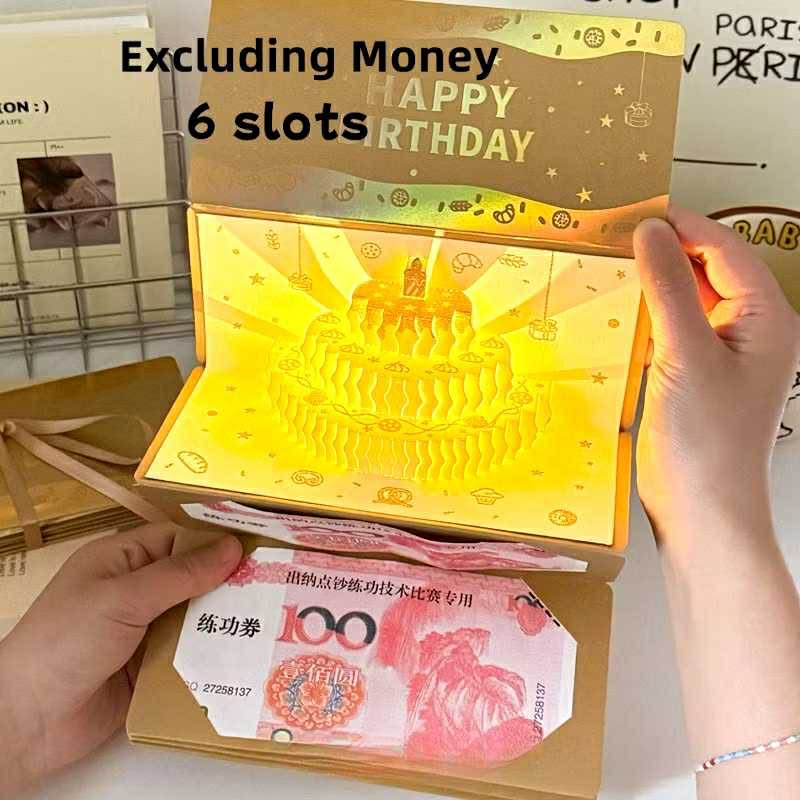 BECORATE 3D Birthday Money Envelope Music And Light Cash Envelope DIY Greeting Card Money Gift For Birthday Party Decorations Pop-Up Cake Design With Satin Ribbon