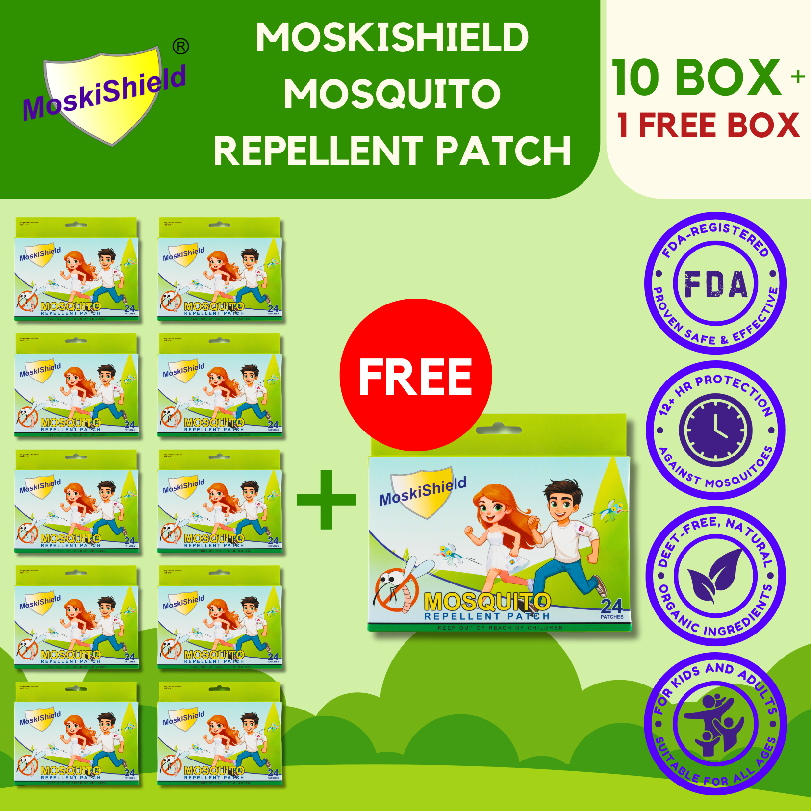 [10 boxes + FREE 1 box] MoskiShield Mosquito Repellent Stick On Patch 10 Boxes Plus 1 FREE Box Dengue Protection