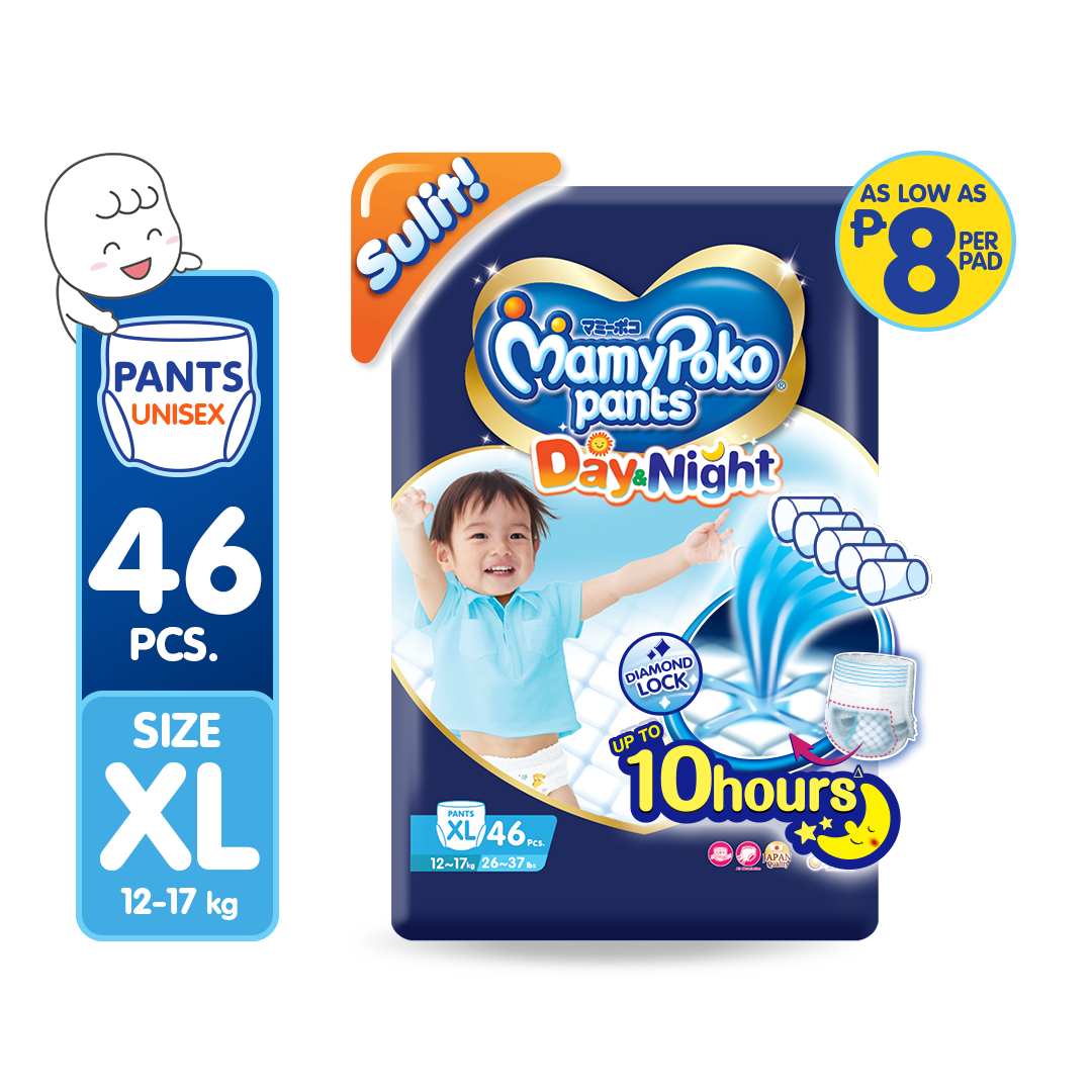 MAMYPOKO Day and Night Baby Disposable Diaper Pants Unisex XL 46 pcs