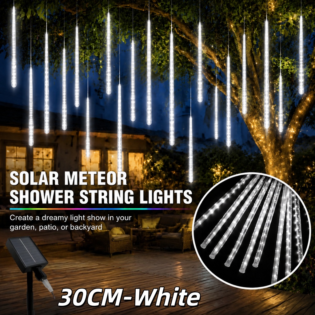 Solar Meteor Tube Lights Outdoor Waterproof LED Meteor Shower Light Strings for Courtyard Christmas Tree Eaves Garden Holiday Decorations