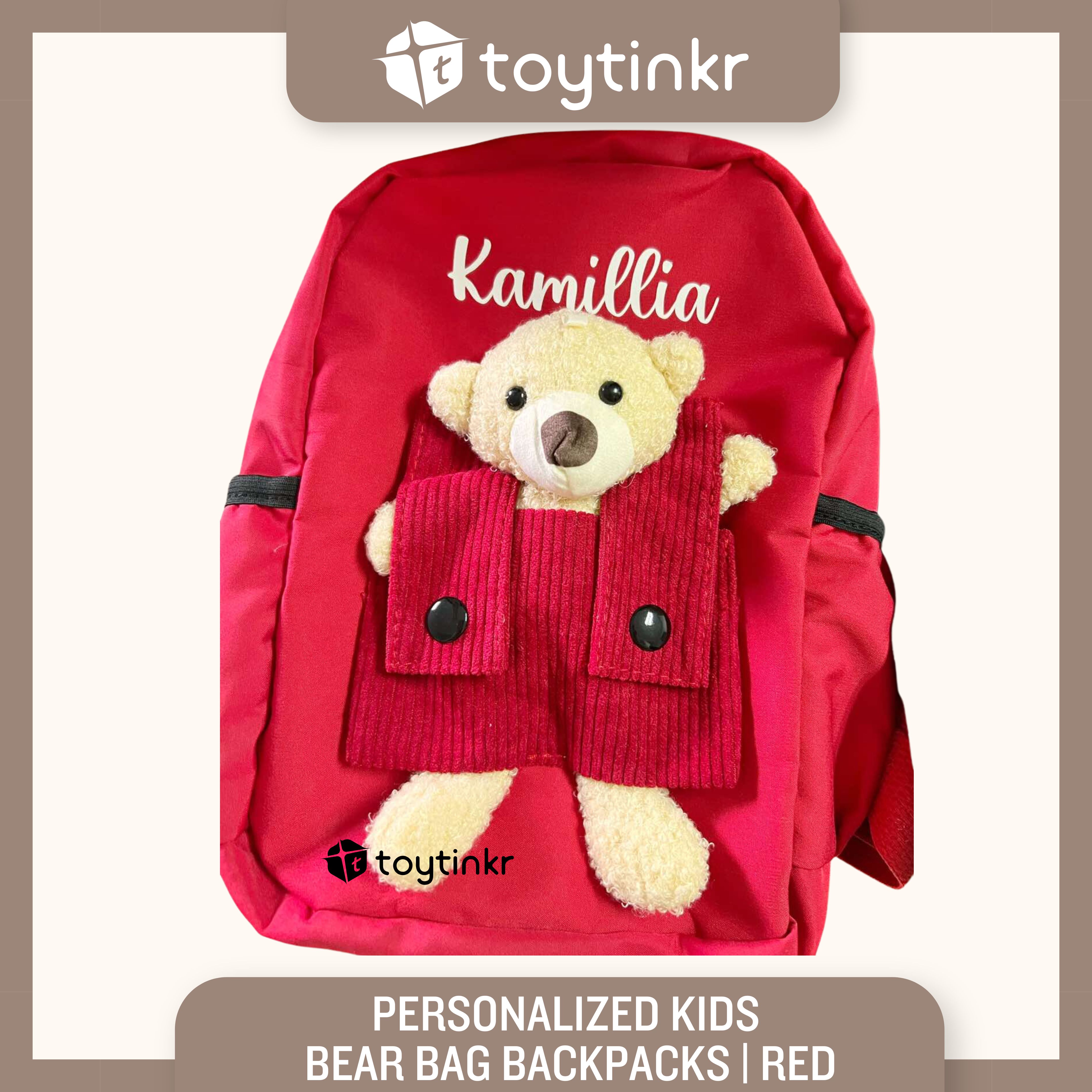 Personalized Kids Bear Bag Backpacks- (ALL CAPS WHITE FONT ONLY) by Toytinkr