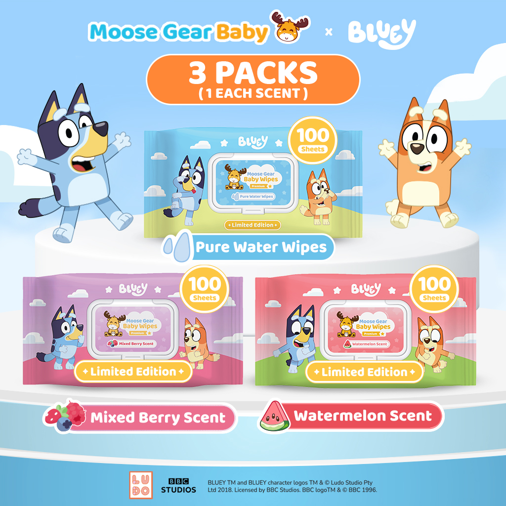 Moose Gear Baby x Bluey Premium Wipes All Scent Bundle 3PACKS (Mixed Berry Watermelon Pure Water)