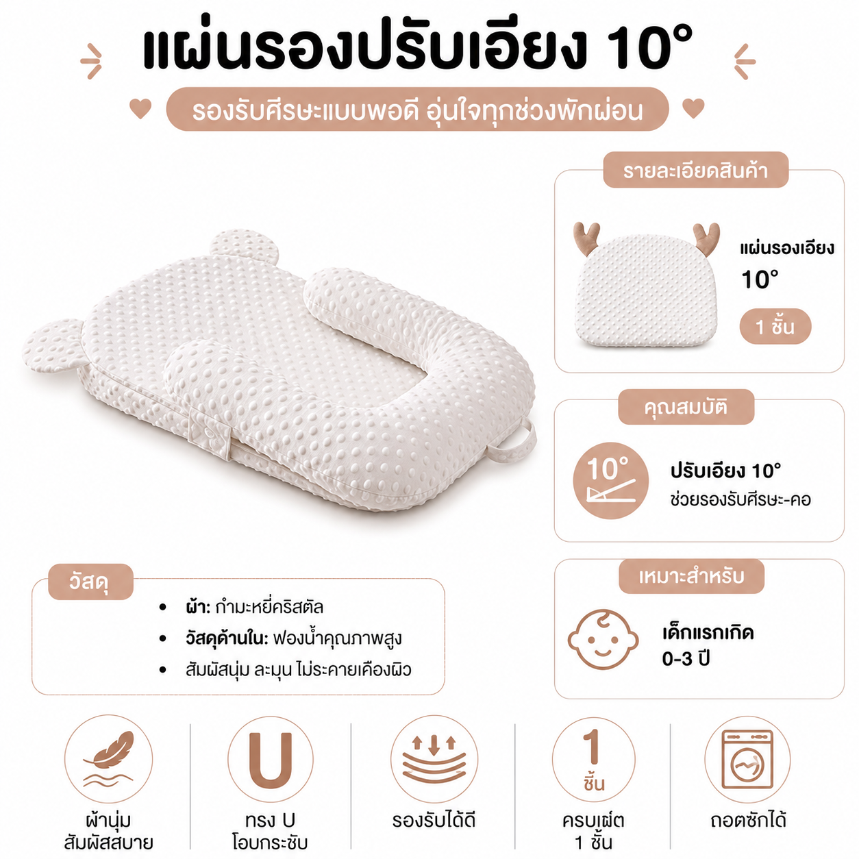 Beige Baby Wedge Pillow Newborn Anti Reflux Pillow Infant Sleep Positioner Baby Support Cushion 3PCS Soft Washable