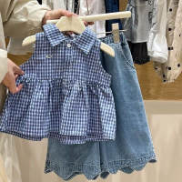 Sundaykids Terno Girls Plaid Sleeveless Blouse & Scalloped Hem Denim Pants Set