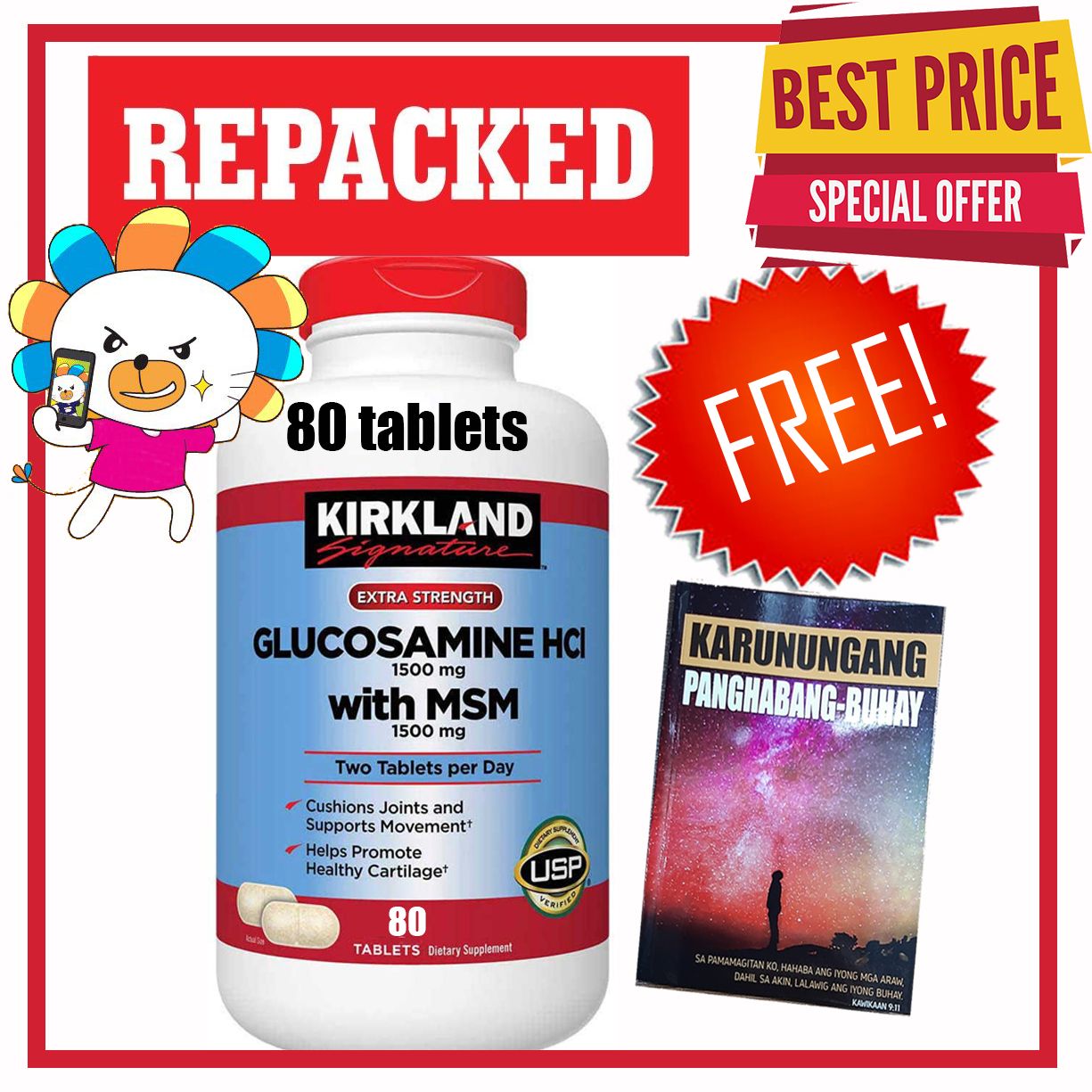 Kirkland Signature Glucosamine HCI 1500mg with MSM 1500mg Bottle of 30 Tablets ( REPACKED