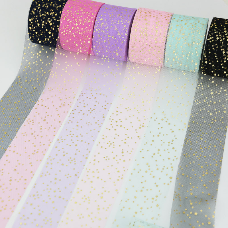 Ruy băng 6cm sợi ngôi sao tự làm chất liệu vải jacquard lưới màu vàng nóng ren ngôi sao nhỏ