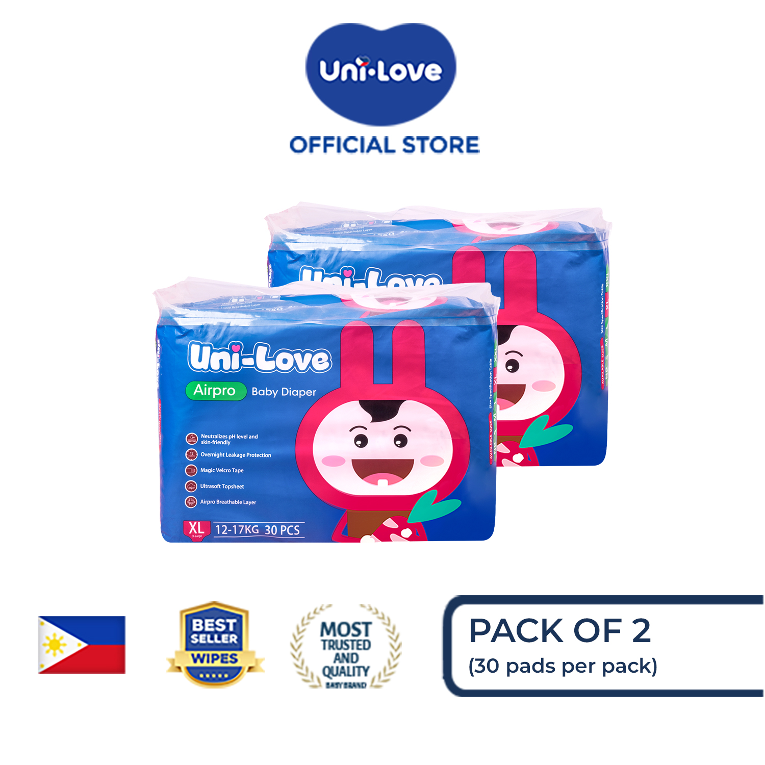 UniLove Airpro Baby Diaper 30s (X-Large) Pack of 2 - Hypoallergenic | Super Absorbent | Ultrasoft | Neutralizes PH Level | Double Leakguard | Taped type | Breathable