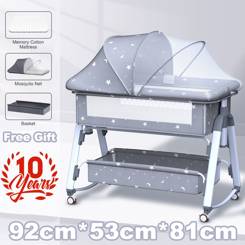 Crib For Baby 3-in-1 Adjustable - Foldable Liftable Bassinet with Mosquito Net Storage Basket Universal Wheels 0-3 Years